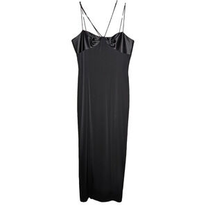 Tahari Black Satin Crepe Strappy Glam Cocktail Evening Formal Slip Maxi Dress 10